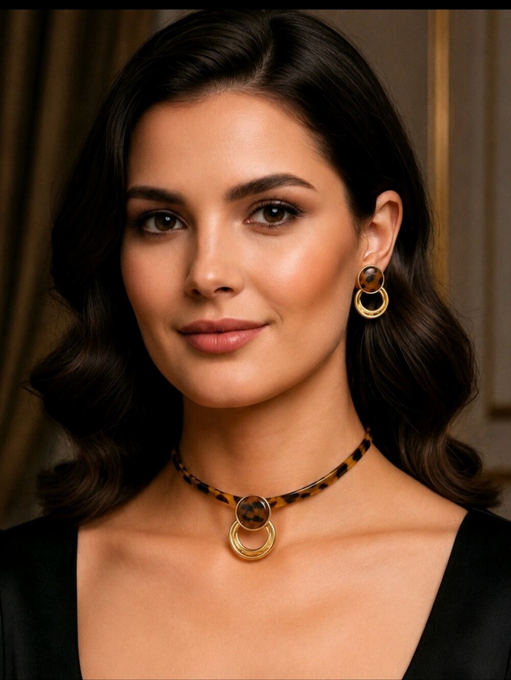 Tortoiseshell Accent Gold-Tone Choker Necklace and Earring Set